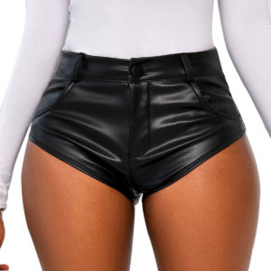 High Waist Stretch Shorts, Tight Casual Pants, Black Leather Fashion, Sophisticated Style.