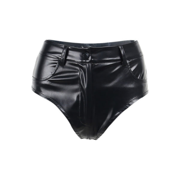 High Waist Stretch Shorts, Tight Casual Pants, Black Leather Fashion, Sophisticated Style.