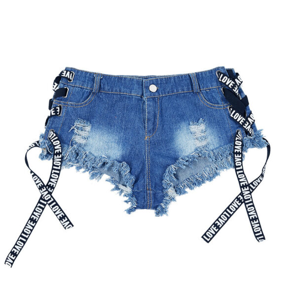 Denim Sexy Shorts,Tie String Detail,Fashion-Forward Denim,Sultry Summer Style,Trendy Side Ties,Hot Weather Glam,Casual Chic Fashion,Summer Wardrobe Essential,Allure in Denim,Head-Turning Shorts.