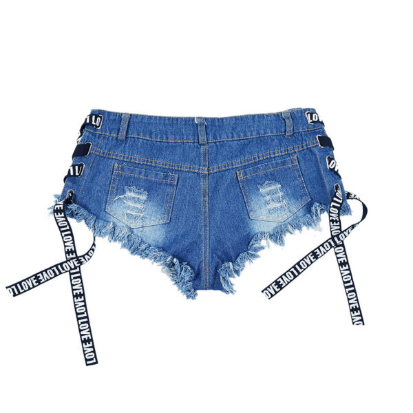 Denim Sexy Shorts,Tie String Detail,Fashion-Forward Denim,Sultry Summer Style,Trendy Side Ties,Hot Weather Glam,Casual Chic Fashion,Summer Wardrobe Essential,Allure in Denim,Head-Turning Shorts.