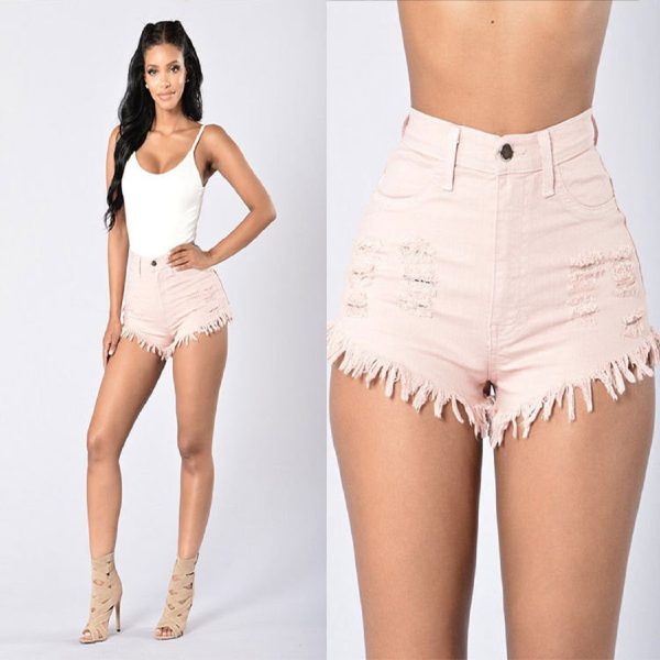 women's stretchy frayed sexy denim shorts pink