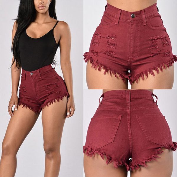 women's stretchy frayed sexy denim shorts wine red